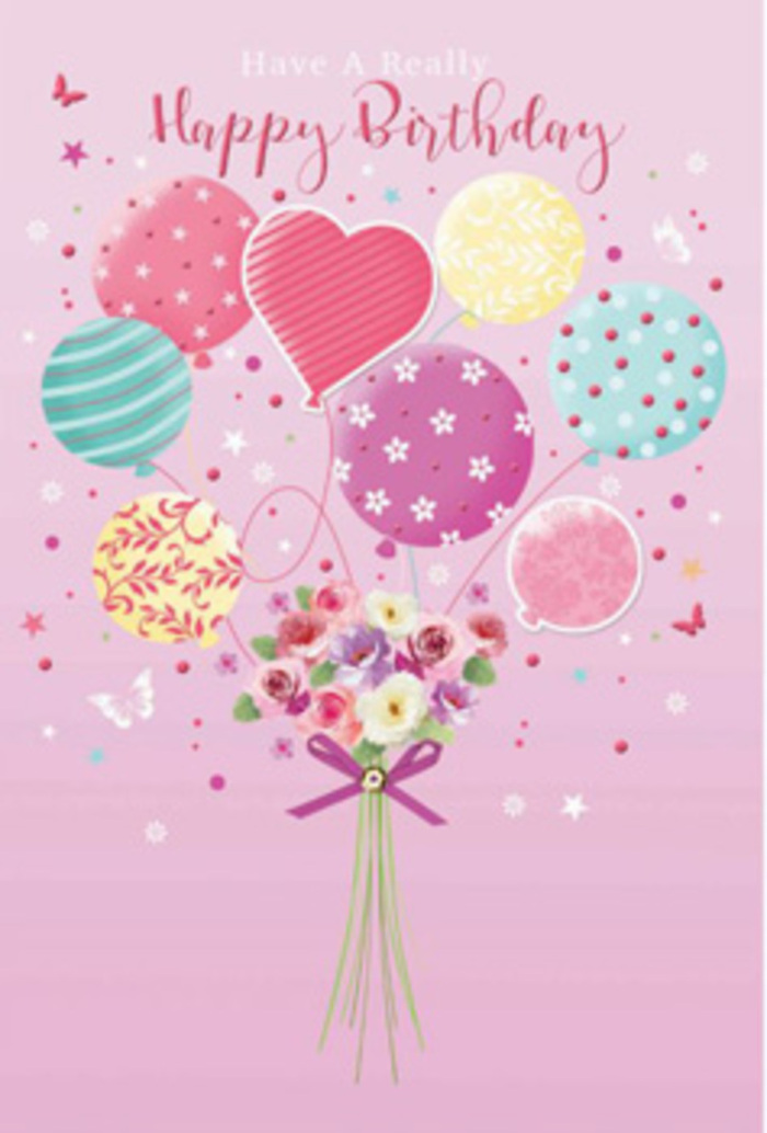There is a gentle sense of jubilation in this birthday illustration, reminiscent of a quiet celebration shared after a walk through Harrow Lodge Park near South Hornchurch. The scene is set on a soft blush-pink background, calming yet joyful, which allows the colours of the balloons and flowers to stand out without overwhelming the eye. A bouquet of pastel balloons floats upward from the centre, each balloon rendered with care. Pale sunshine yellow, rosy fuchsia, lavender, seafoam green, and soft blue tones are blended into harmonious combinations. Some balloons are wrapped with delicate ribbon stripes that twist gracefully, others are dotted with neatly spaced circles, and a few show stylised floral patterns, all contributing to a sense of cheerful movement. Near the middle of the cluster, a more pronounced pink balloon seems to glow, becoming the emotional heart of the composition. Suspended beneath this airy arrangement is a dainty, hand-tied bouquet. The flowers recall petite roses and daisy-like blooms, with petals shaded from cream to rose and gentle pink, as if kissed by the light of an early morning over the rooftops of South Hornchurch. Their shapes are carefully layered, adding depth and volume to the bouquet while still conveying softness. Fine green stems gather neatly at the base, wrapped in a vivid purple bow whose satin-like folds catch the imagined light, giving a subtle hint of sparkle. Around the bouquet and balloons, a sprinkling of tiny star and butterfly motifs adds a whimsical, almost dreamlike quality, as though the scene has been frozen in a perfect birthday moment. It feels like the kind of illustration a skilled local florist might choose to represent the joy, care, and delicate attention that go into every celebratory arrangement.