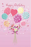 This whimsical birthday composition evokes the sweet excitement of receiving a surprise delivery in South Hornchurch, where balloons and blooms come together in one floating celebration. The background is a light, rosy pink, soft enough to feel comforting yet bright enough to suggest festivity. From the lower edge of the image, a delicate hand-tied bouquet rises, its stems bound with a neatly knotted violet satin bow that appears to shimmer in the light. The flowers themselves are rendered in creamy ivory, blush pink, and gentle mauve, with a mix of rounded, rose-like blossoms and more open anemone-style flowers whose centres are darker and softly defined. Their petals are illustrated with gentle shading that suggests a velvety texture and freshly opened blooms, like those you might find just arranged in a local South Hornchurch florist's workshop. Above this bouquet, an array of pastel balloons floats upward, appearing to lift the flowers into the air. Each balloon has its own playful character: some wrap themselves in candy-coloured stripes, others are sprinkled with polka dots, and one distinct heart-shaped balloon at the centre radiates warmth in deeper pink tones. The balloons' surfaces reflect imaginary light with a subtle sheen, while delicate shadows give them a rounded, almost tangible form. Tiny stars and butterfly-like details hover around the composition, adding a storybook touch and enhancing the sense of magic. The lighting remains soft throughout, creating a harmonious glow that ties flowers and balloons together into a single, joyful image. The mood is airy, sweet, and gently romantic, perfectly suited to a birthday greeting meant to make someone in South Hornchurch feel cherished and celebrated from the moment they receive it.