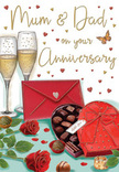 Warm and romantic anniversary card design that looks like a carefully prepared surprise waiting on a South Hornchurch coffee table for Mum and Dad. The illustration is a rich, detailed still life. At its centre, two elegant champagne flutes stand close together, each glass drawn with clear, fine lines that capture the reflections of a soft, golden light. The flutes are filled with pale champagne, tiny streams of bubbles rising upward and catching the glow as if lit by a nearby lamp overlooking the quiet streets around South End Road. Their proximity suggests a shared toast between long-term partners. To one side of the glasses sits a heart-shaped box of chocolates, coloured in a deep, velvety red. The lid is open, revealing an orderly selection of glossy truffles and pralines, shaded in rich browns and warm creams to suggest an indulgent variety of flavours. Around the box is tied a broad red ribbon, knotted into a full bow whose folds and curves are highlighted to show a soft, satin texture. In the foreground, two lush red roses lie side by side, their petals open and layered with subtle shading that mimics the velvety feel of freshly cut blooms from a South Hornchurch florist. Green leaves surround the roses, some brighter, some deeper in hue, giving a sense of natural abundance and freshness. Tiny crimson and golden hearts drift across the background like confetti, leading the viewer's eye to the hand-lettered "Mum & Dad" inscription that curves gracefully near the top. A bright scarlet envelope, sealed and angled slightly, hints at heartfelt words waiting to be read in a quiet, tender moment. The entire scene radiates intimacy, gratitude, and the gentle joy of an anniversary celebrated at home.
